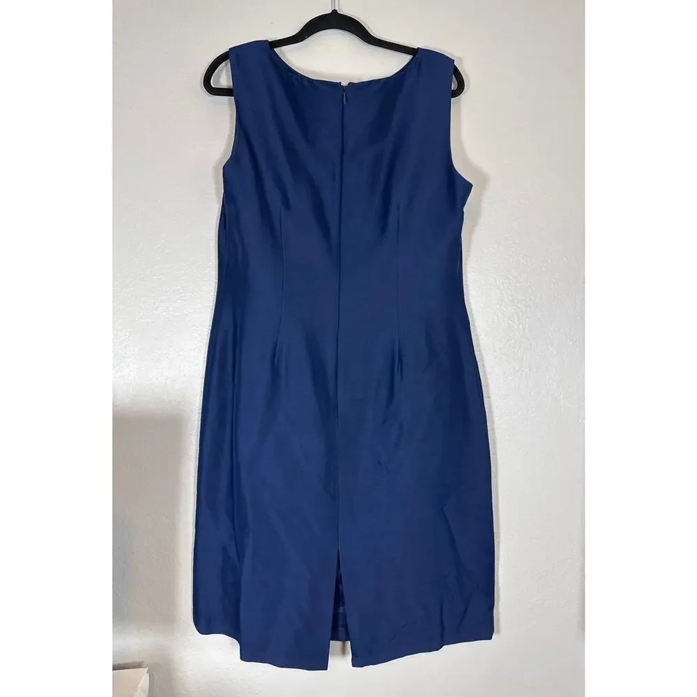 Vintage 100% Silk Sheath Dress Womens 10 Blue Sleeveless Career Wear Simple - Picture 2 of 6